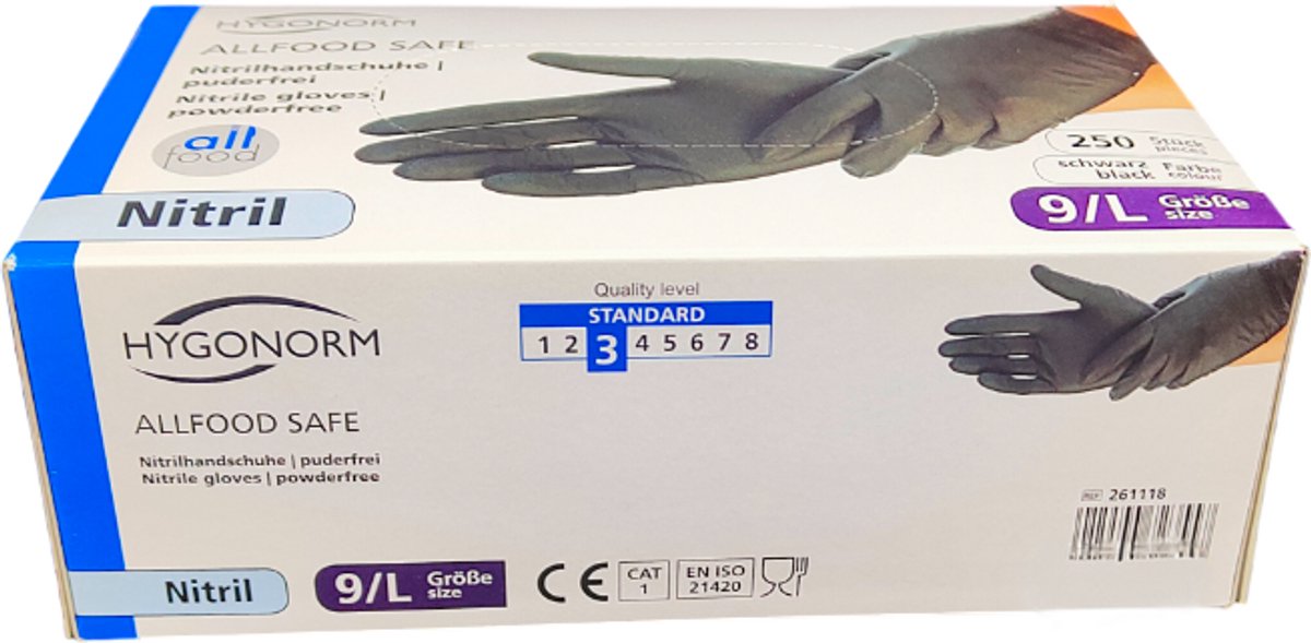 Hygonorm Nitril Handschoenen Maat L – Zwart – 250 Stuks – Poedervrij – Allfood Safe – Wegwerphandschoenen voor Voedselverwerking en Hygiëne
