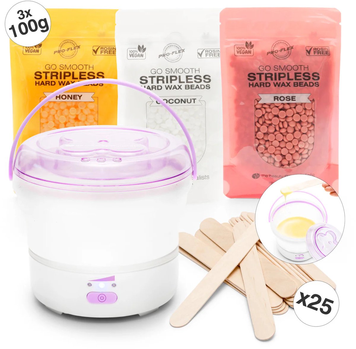 Rio - Go smooth stripless - hard wax heater - Wax Beans Verwarmer - Ontharing set - Siliconen kom - met 3x 100 gram Wax Bonen en 25 Spatels