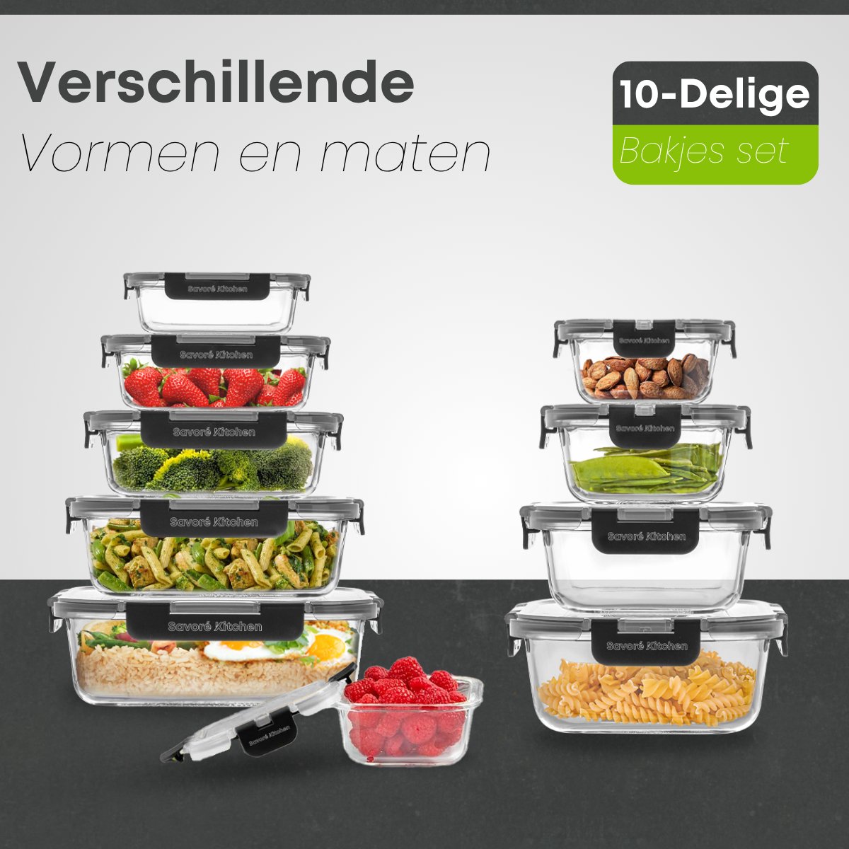 Savoré Kitchen Vershoudbakjes Glas 10 stuks – Stapelbaar - Luchtdicht – Meal Prep Bakjes - Diepvriesbakjes set — afbeelding 5