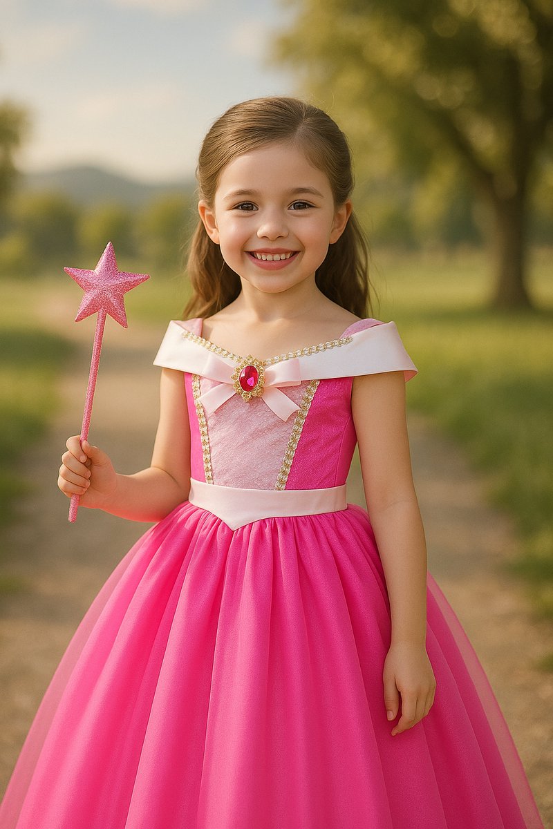 Joya Kids® Roze verkleedjurk korte Mouw | Zomerse Roze Prinsessenjurk | verkleedkleding Meisje | Hard roze Jurk + kroontje & Staf & Sieraden | Cadeau meisje — afbeelding 6