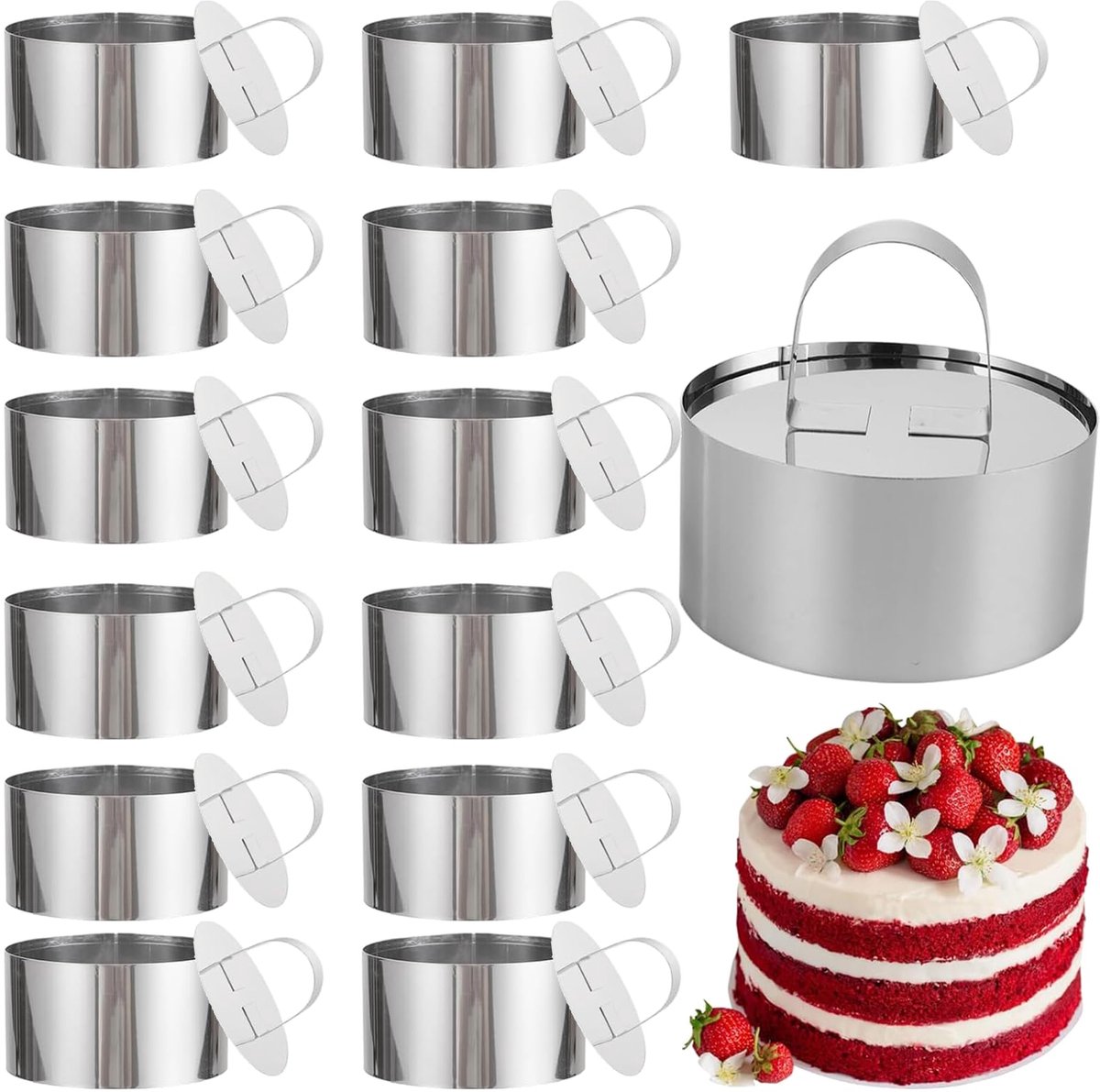 Ibenzoa® Set van 14 Multifunctionele Roestvrijstalen Dessertringen met Handgreep en Deksel, 8 cm Diameter