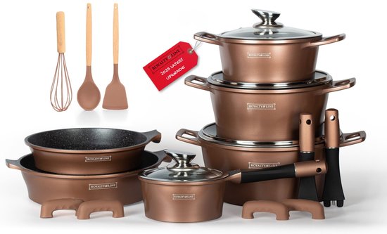 Royalty Line® ES1014 Pannenset Inductie - 17 Delige Pannensets - Pan Met Afneembare Handvaten - Oven Bestendig - Pannen Voor Alle Warmtebronnen - Antiaanbaklaag - Koper