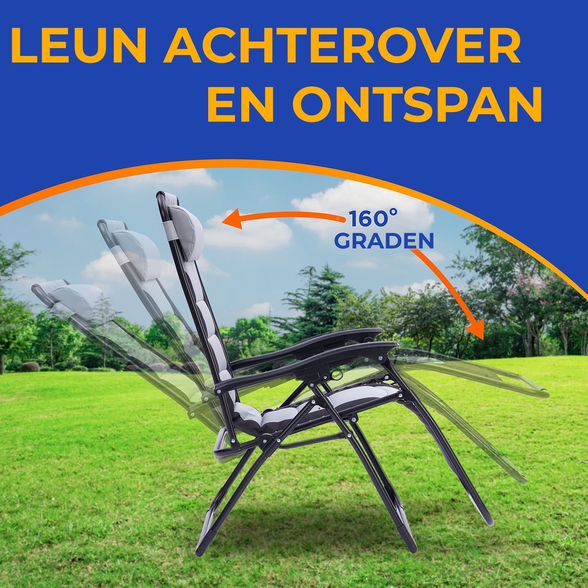 SereneLife Ligstoel – Verstelbare Tuinstoel met Kussen – Opvouwbare Relaxstoel - Stalen Frame met Textilene thumbnail 4