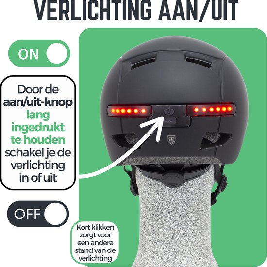 Zwarte helm met aan/uit verlichting achterop, rode LED's.
