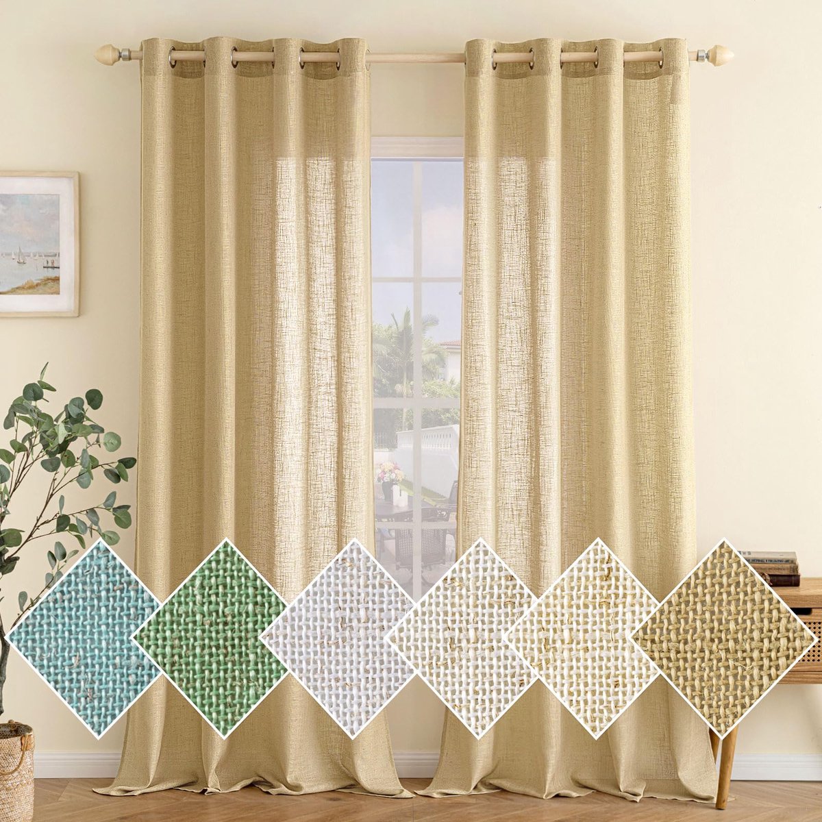 Unyqoos Moderne Semi-Transparante Gordijnen Met Linnenlook Voor Elke Kamer - Set Van 2 Stuks, 140 x 245 cm beige