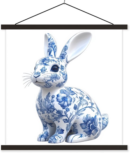 Posterhanger incl. Poster 60x60 cm - Schoolplaat - Delftsblauw - Haasje - Wit - Textielposter - Zwarte latten