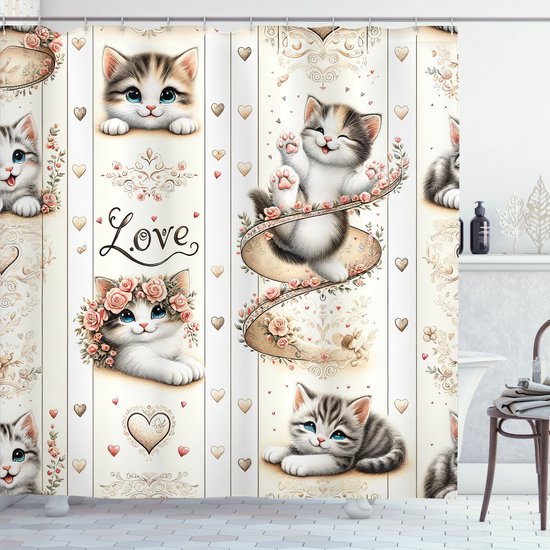 Rideau de douche avec des chatons mignons, des fleurs et le mot 'Love'.