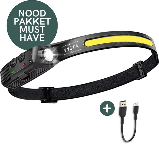 Zwarte hoofdlamp van Vysta met verstelbare band en USB-C oplaadkabel.