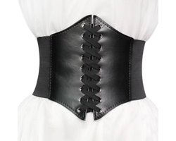 Sexy Vrouwen Corset - Elastisch - Body Shapewear - Kunst Lederen Korset met Veters - Hoge Taille Design - Dames Korset - Zwart - One Size
