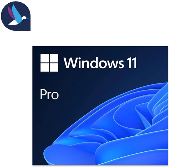 Doos van Windows 11 Pro met het kenmerkende blauwe golfontwerp.