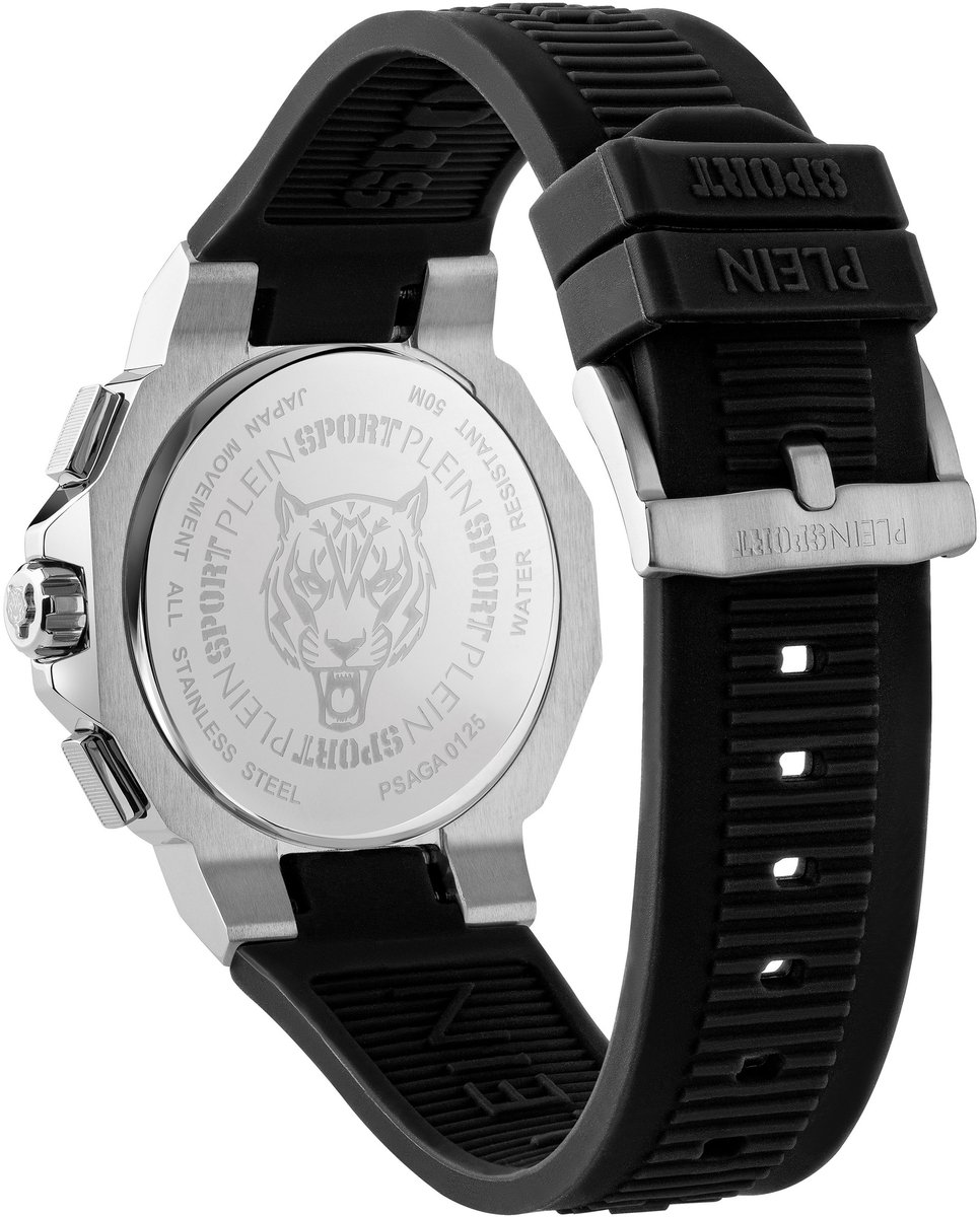 Plein Sport Titan Quartz Chronograaf Horloge Zwart Kast: 100 % Roestvrij Staal | Band: 100 % Siliconen 46 PSAGA0125, PSAGA0225, PSAGA0325