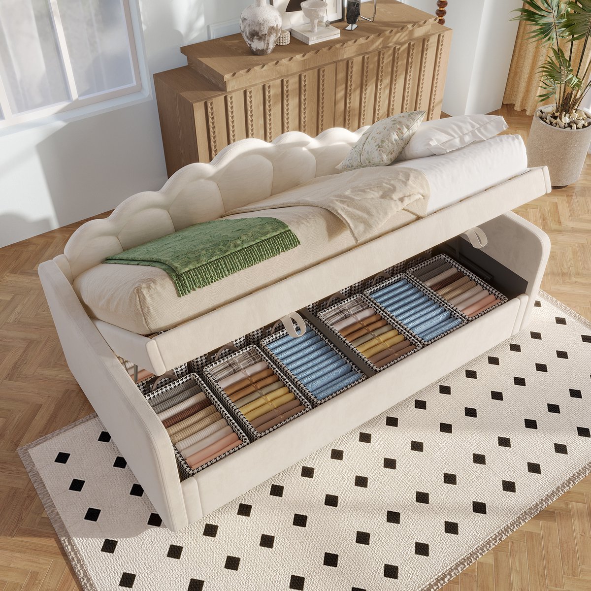 Slaapbank - hydraulisch bed - eenpersoonsbed - zonder matras - fluweel - Van kleur wisselende LED-strip - 90x200cm - Beige