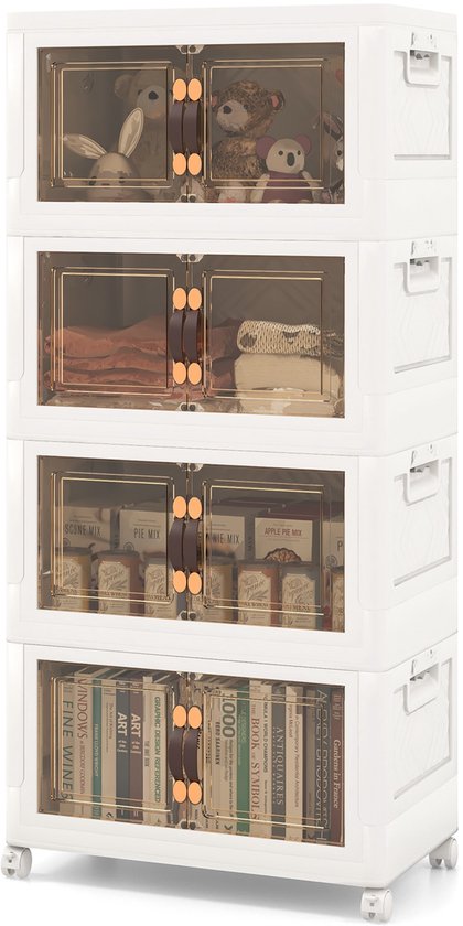 COSTWAY Coffre de rangement pliable avec couvercle, 135 L, lot de 4 boîtes de rangement empilables en plastique avec roulettes et portes, 49,5 x 31,5 x 112,5 cm, blanc