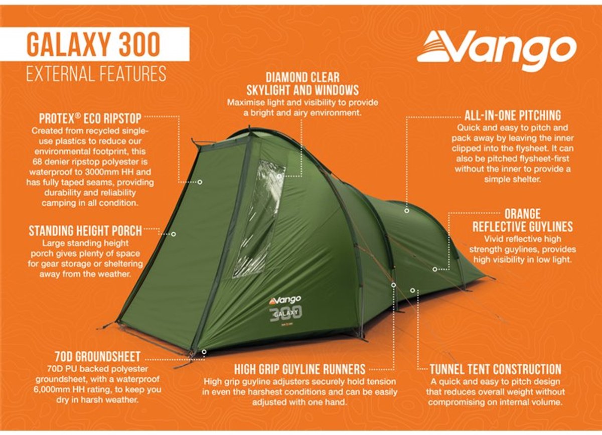 Vango Galaxy 300 Tent - Trekking Tunnel Tent 3-persoons - Groen