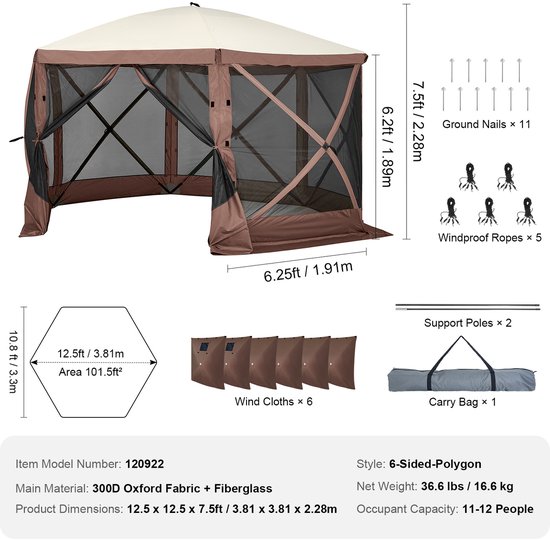 Camping Paviljoen Tent, 12.5 x 12.5 Voet, 300D Oxford Stof en Glasvezel, Pop-up Ontwerp, Met Privacywanden en Windschermen, Voor Maximaal 8 Personen van Outsunny — afbeelding 2