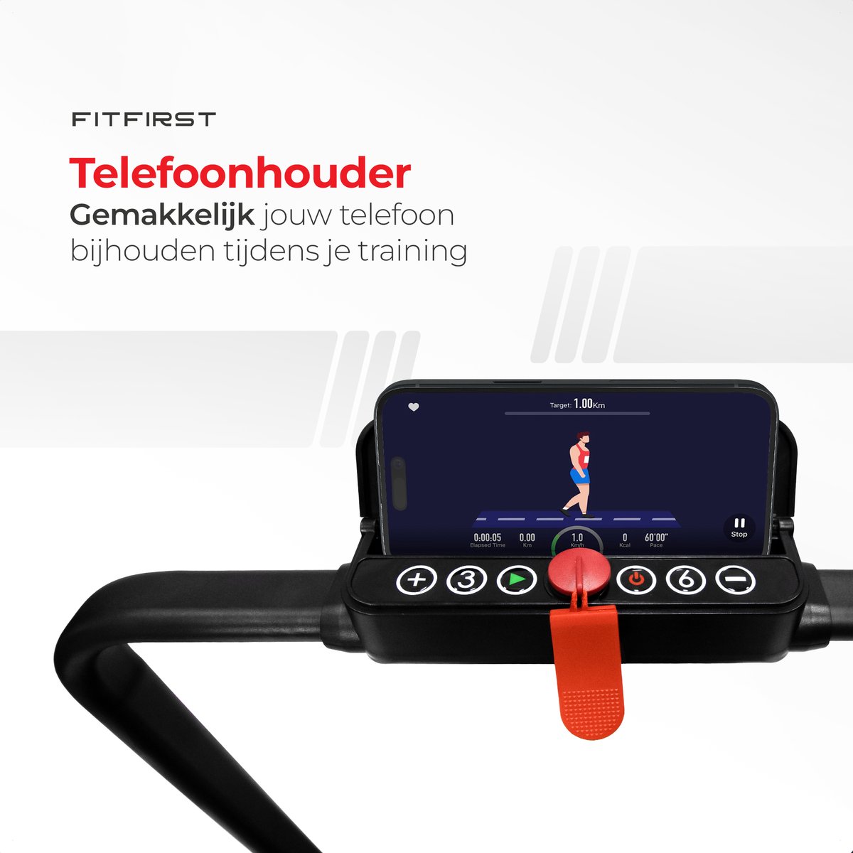 Afbeelding 3 van FitFirst® Jogger Pro 1-12 km/h - Inklapbare Loopband met ingebouwde Speakers en App - Inklapbaar met draaiknop en verrijdbaar - Bedieningspaneel en Afstandsbediening - Display met Trainingsinformatie - Telefoonhouder - Bluetooth - Hometrainer Fitness