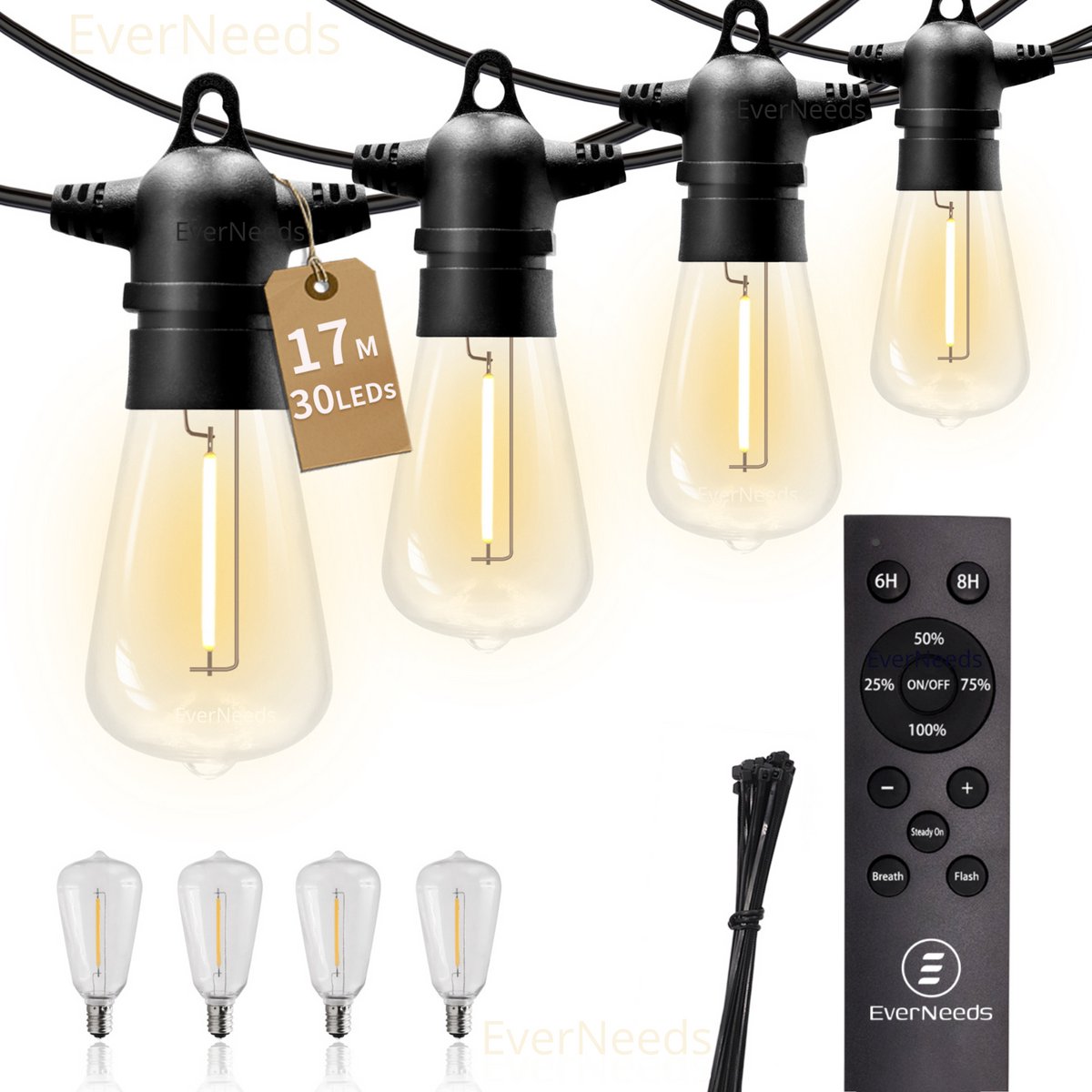 EverNeeds ST38 Lichtsnoer Voor Buiten - 17 Meter - Met Dimfunctie - Lichtslinger 30 LED - Afstandsbediening - Sfeerverlichting Buiten en Binnen - Tuinverlichting - Lampjes Slinger - IP65 - 2700K - 4 Extra LEDs