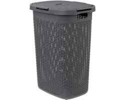5Five Wasmand met deksel Rotan - donkergrijs - gevlochten kunststof - 60 liter - 45 x 35 x 66 cm