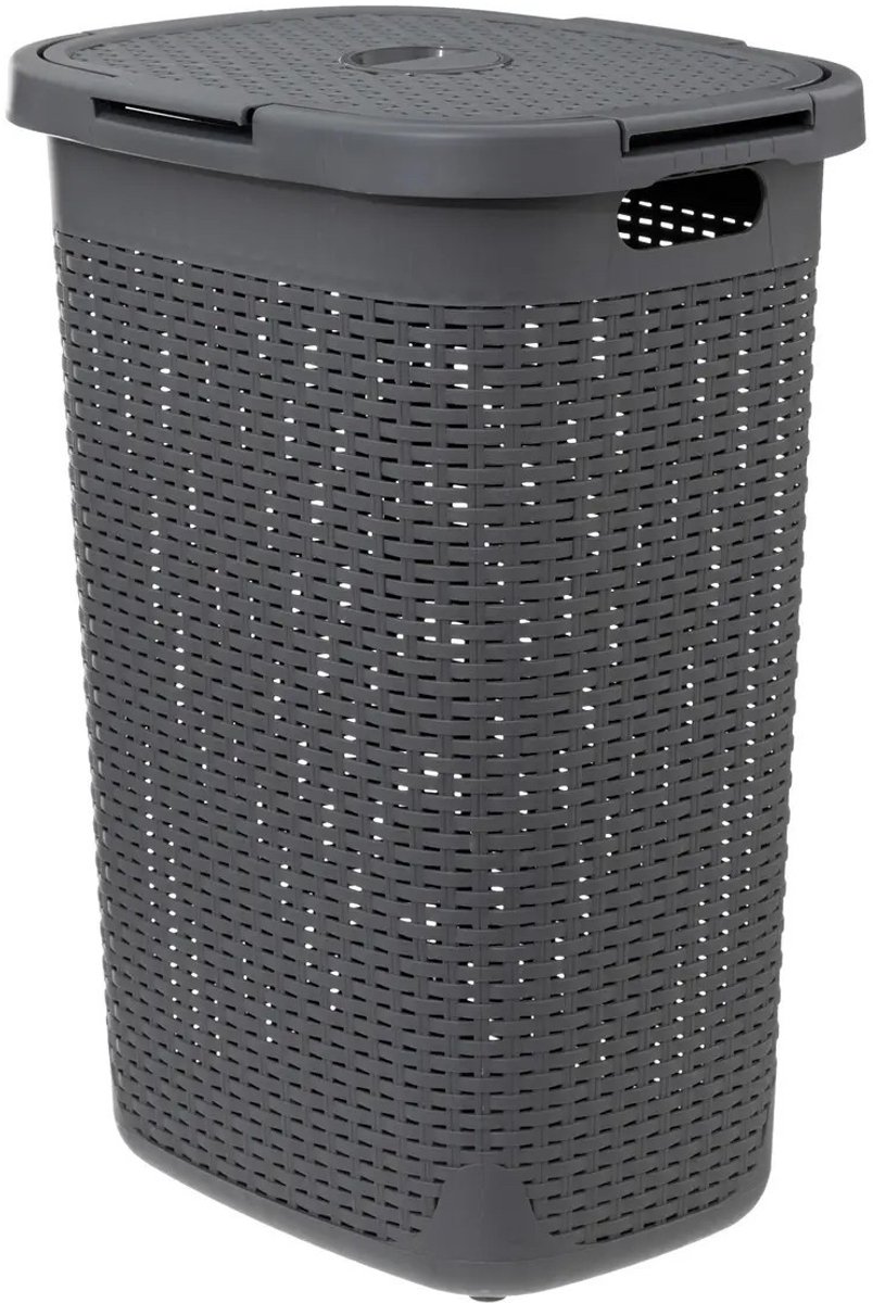 Goedkoopste 5Five Wasmand met deksel Rotan - donkergrijs - gevlochten kunststof - 60 liter - 45 x 35 x 66 cm