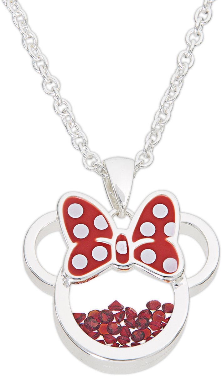 Disney Minnie Silver Plated Brass with Red enamel Bow July Birthstone Floating Stone Necklace