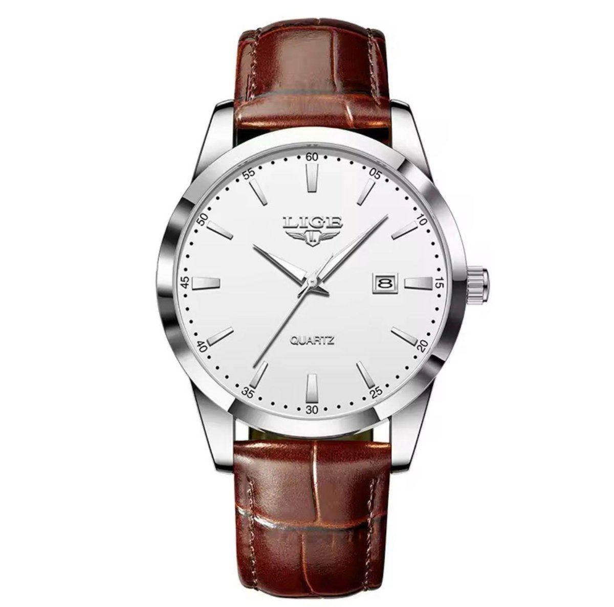 Lige - Luxe Herenhorloge - Polshorloge - Heren - Cadeau - Horloge - Geschenkdoos - Mannen - ZilverWit - Bruin Lederenband