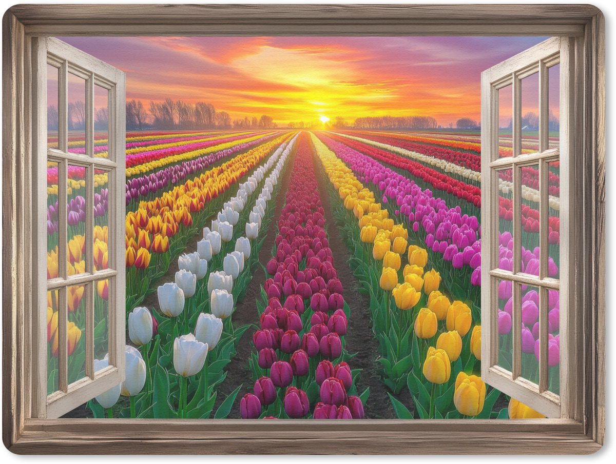 Muismat 23x19 cm - Mousepad Doorkijk - Bloemen - Tulpen - Kleurrijk - Zonsondergang - Muismatten