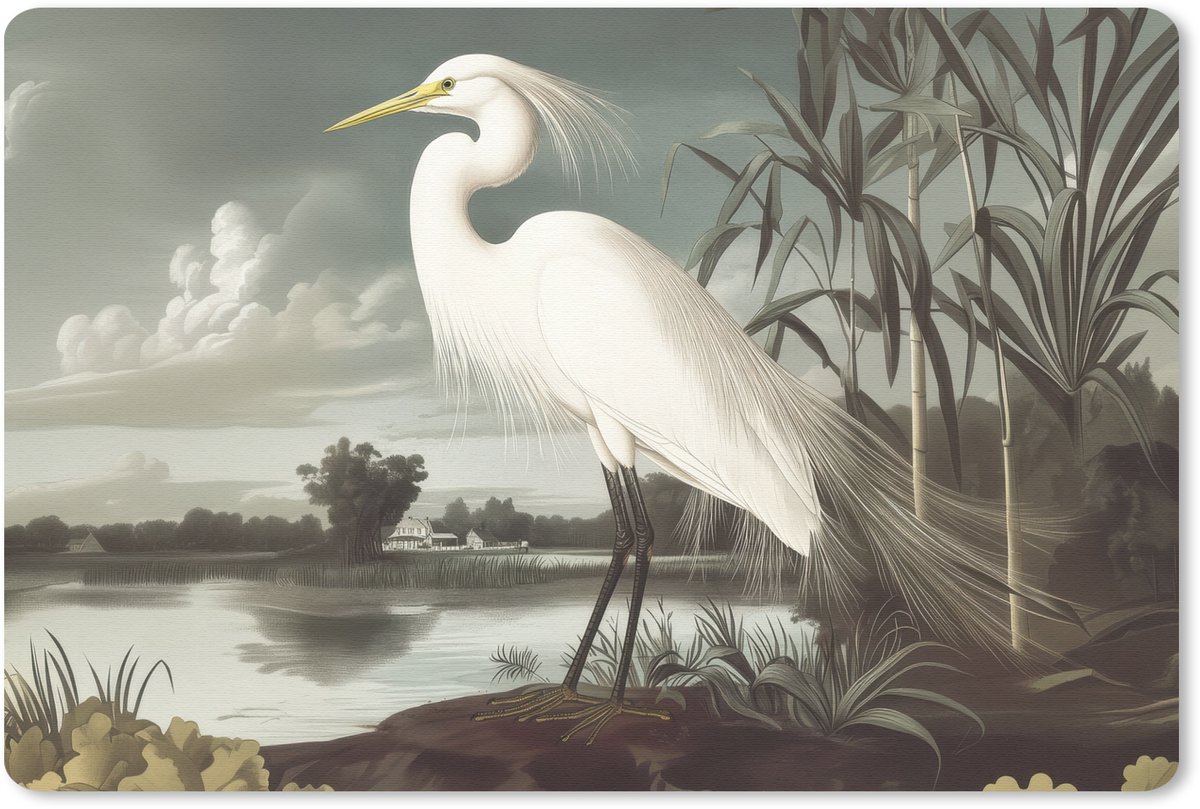 Muismat 27x18 cm - Mousepad Reiger - Planten - Wolken - Wit - Muismatten