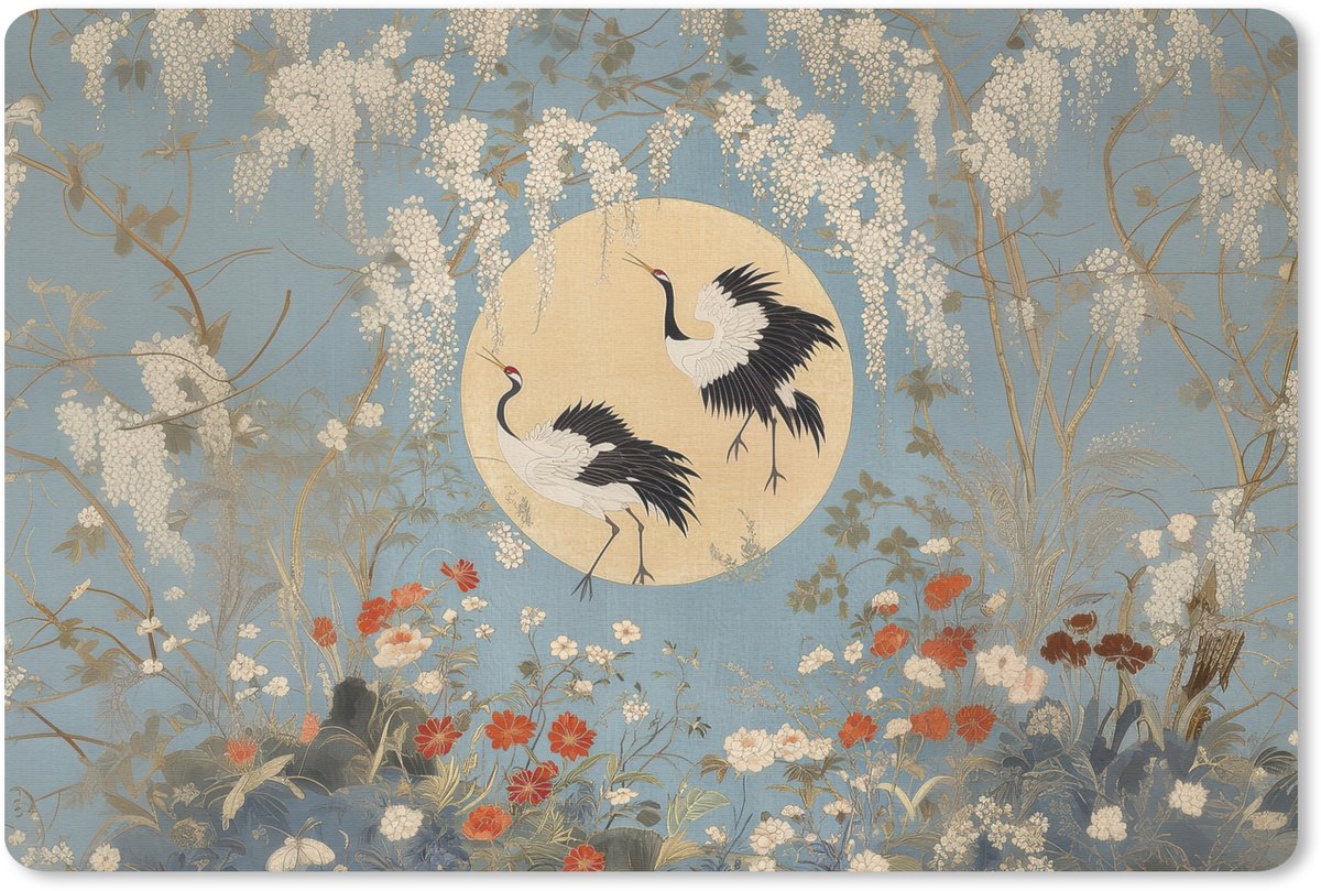 Muismat 27x18 cm - Mousepad Kraanvogels - Maan - Bloemen - Blauw - Muismatten