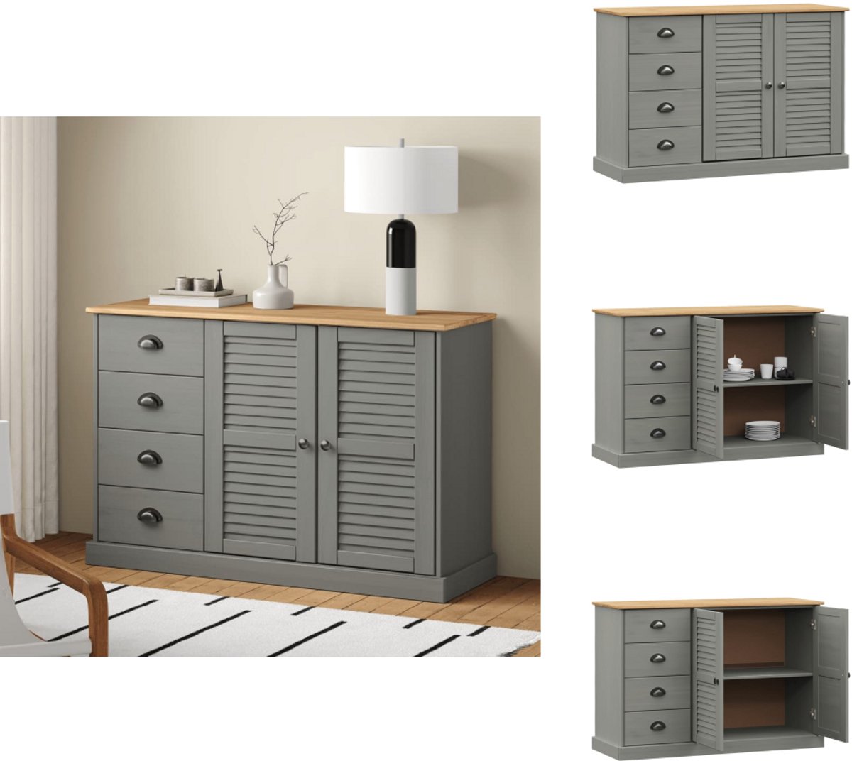 vidaXL Dressoir - Dressoirs - Opbergkast - Wandkast - Dressoir met lades VIGO 113x40x75 cm massief grenenhout grijs