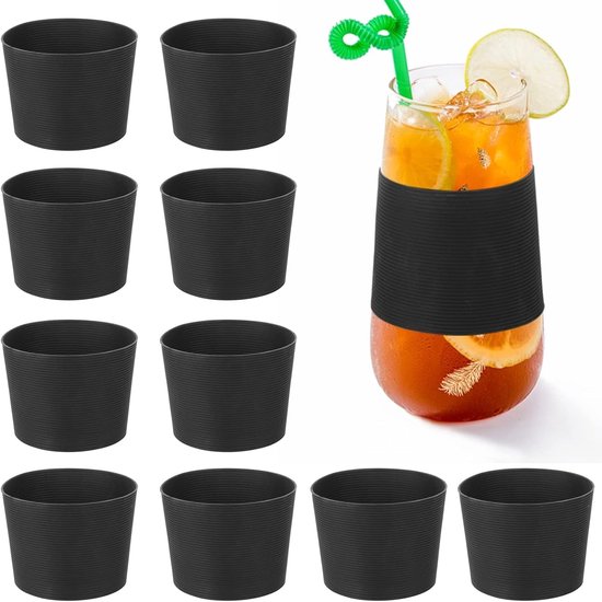 10 stuks Coffee Cup Sleeve - Cup mouw - Silicone - Herbruikbare - Hittebestendige - Niet wegglijden - Voor glazen fles mok beker - Zwart — afbeelding 2