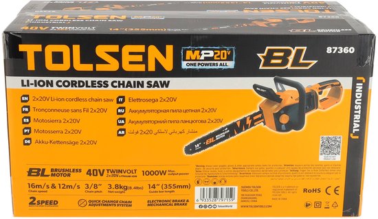 Tronçonneuse sans fil Tolsen Brushless Industrial - 20 V Li-ion - 1 000 W - Longueur de la lame : 355 mm - Vitesse de la chaîne : 6 m/s et 12 m/s - Avec 2 batteries de 4,0 Ah et 1 chargeur rapide