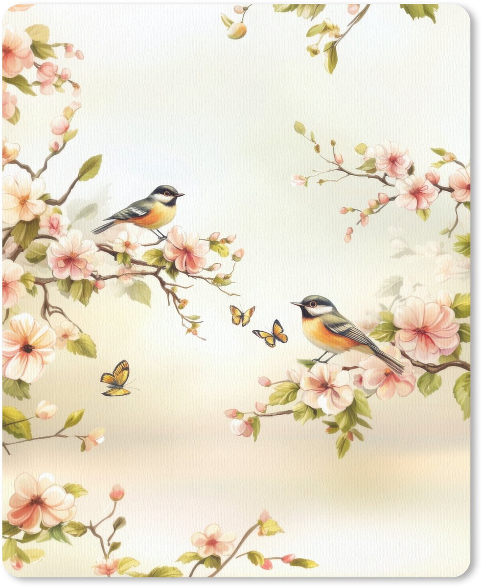 Muismat 19x23 cm - Mousepad Takken - Bloemen - Vogeltjes - Roze - Muismatten