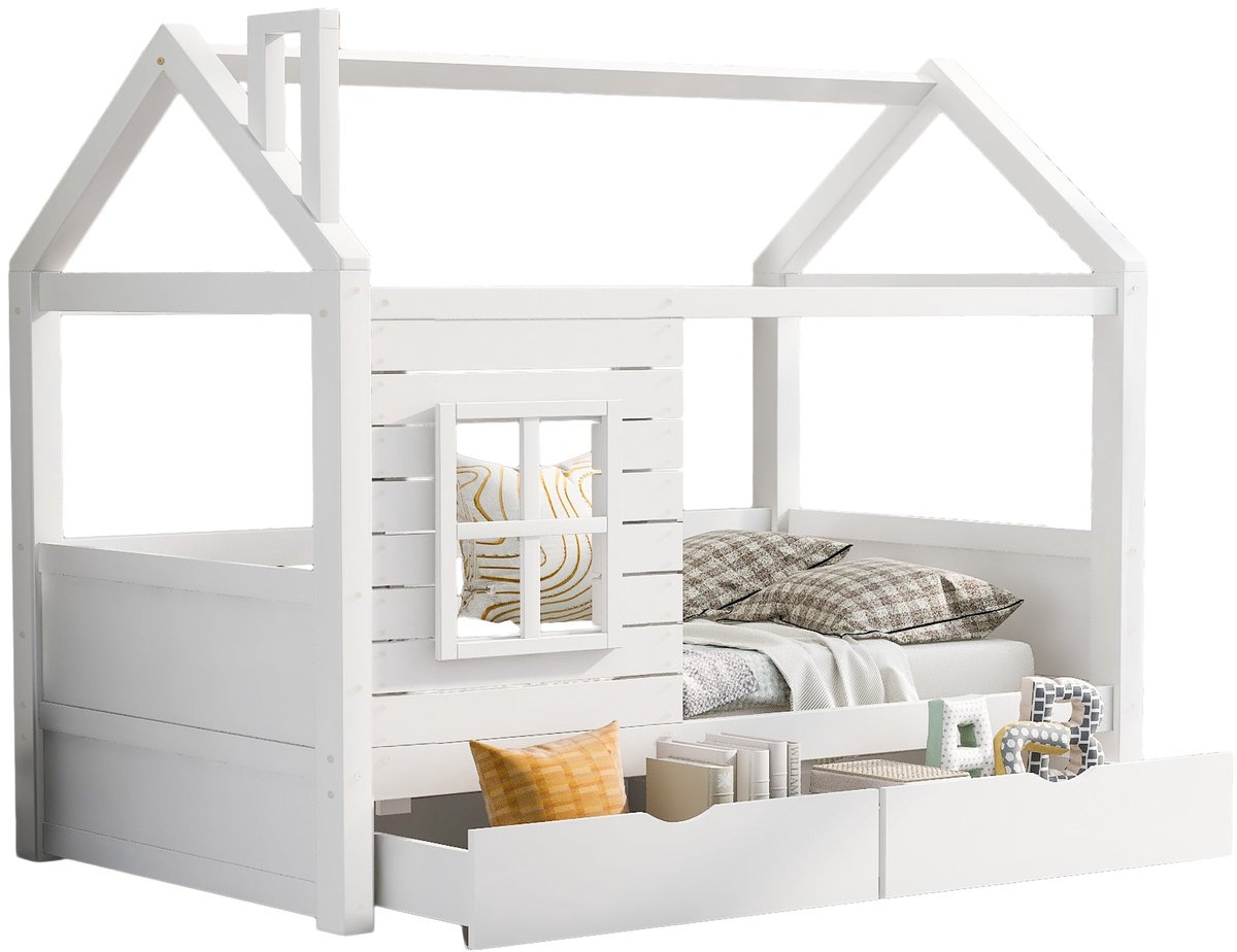 Merax Kinderbed Huisbed 90x200 – Eenpersoonsbed met 2 Lades en Uitvalbeveiliging – Wit