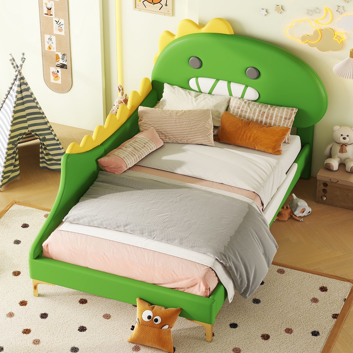90 x 200 cm kinderbed - cartoon dinosaurusvorm - flatbed - PU-materiaal - groen