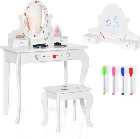 Make-uptafel met spiegel en kruk, kaptafel met 4 lades en open planken, cosmetisch Make-uptafel met spiegel en kruk, kaptafel met 4 lades en open planken, cosmetisch