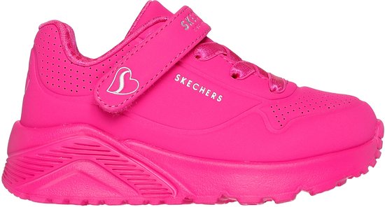 Felle roze Skechers sneaker met klittenband en veters, zijaanzicht.