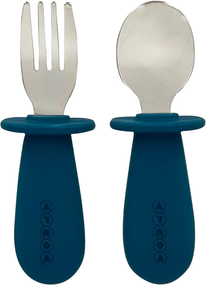 Goedkoopste Youly® Kinderbestek Lepel en Vork - Baby Bestek - Siliconen Baby Servies - RVS - Marine Blauw