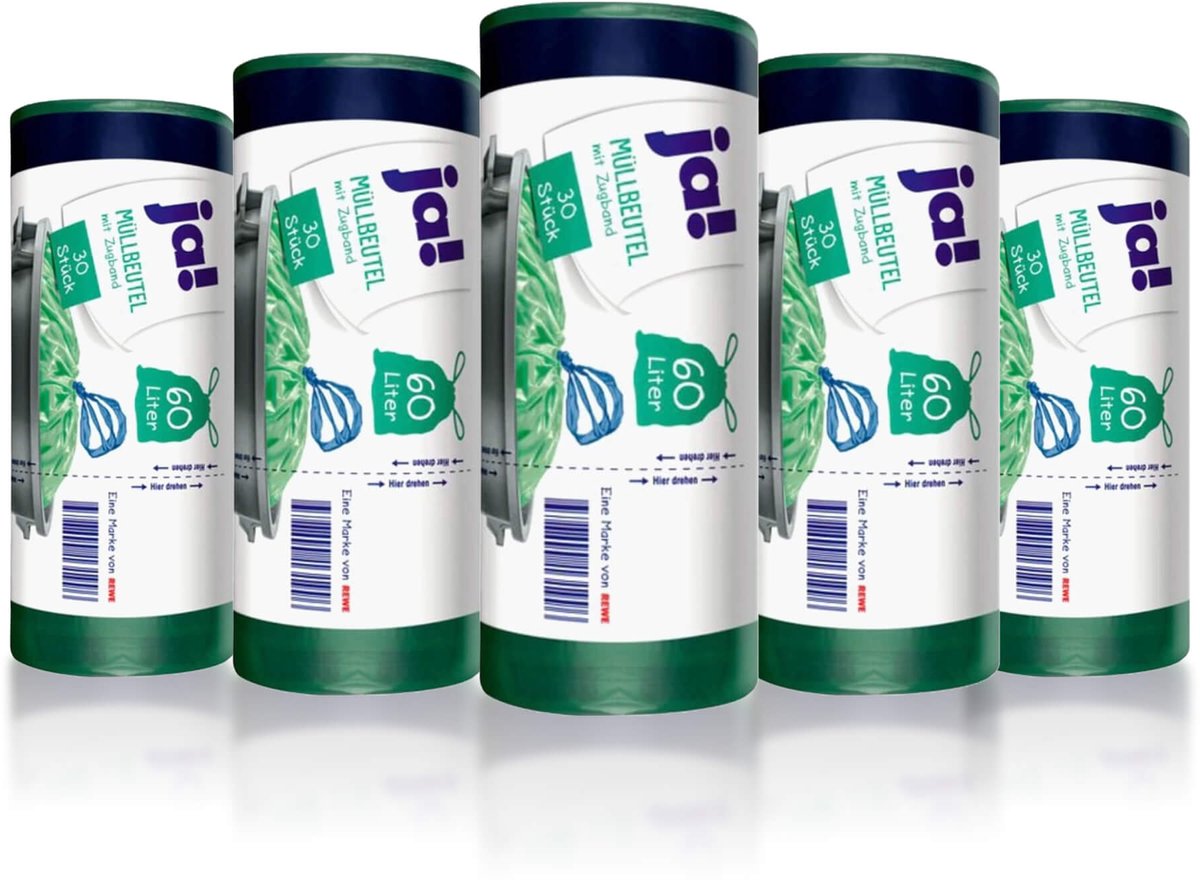 Goedkoopste Ja!® | 5 x 30 stuks transparant 60 liter vuilniszakken | dun | met trekband | 64 x 71 cm