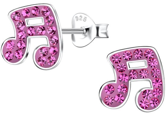 Joie|S - Boucles d'oreilles notes de musique en argent - 9 x 9 mm - cristal rose - clous notes de musique - argent sterling 925