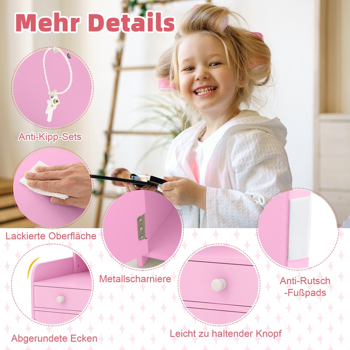 COSTWAY 2-in-1 kinder kaptafel, make-uptafel met kruk, ledverlichting, spiegel, kast en lade, kinderkaptafelset, kaptafel van hout voor meisjes, voor kinderen vanaf 3 jaar (roze) — afbeelding 5