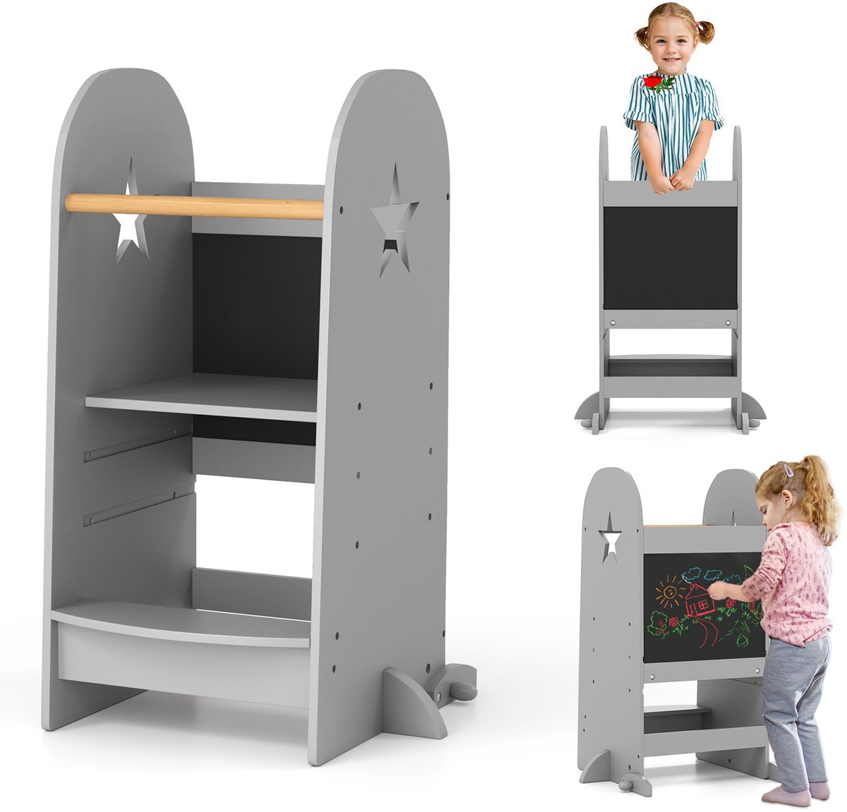 COSTWAY Montessori 3-in-1 leertoren voor kinderen, opstapkruk met 3 verstelbare hoogtes en dubbelzijdig bord, trapkruk, keukenhulp, leerstoel voor kinderen, 90 kg belastbaar, grijs