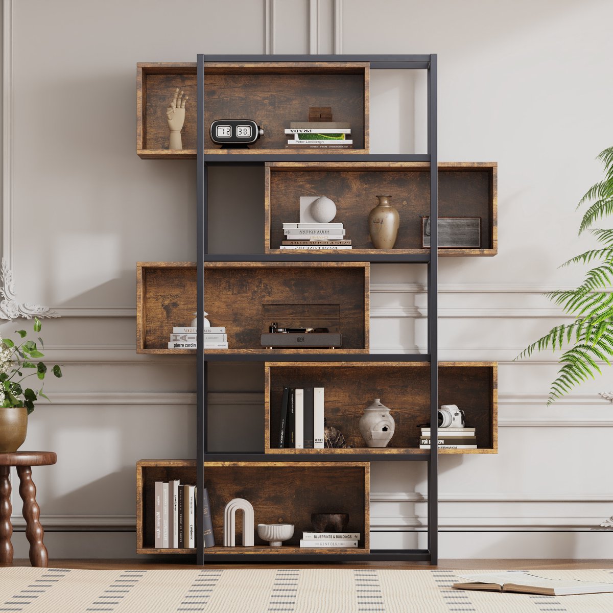 Sweiko Boekenplank - 5 planken - Vintage houtnerf + stalen buizen - Bruin + Zwart