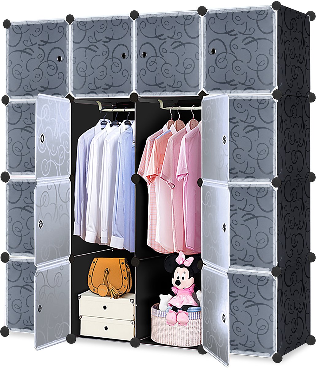 NAIZY Reksysteem Kledingkasten PP Kunststof Kubusrek met Deuren, Doe-het-zelf Garderobekast Opbergkast Opbergdozen van kleding, schoenen, boeken, speelgoed (Zwart, 16 vakken)