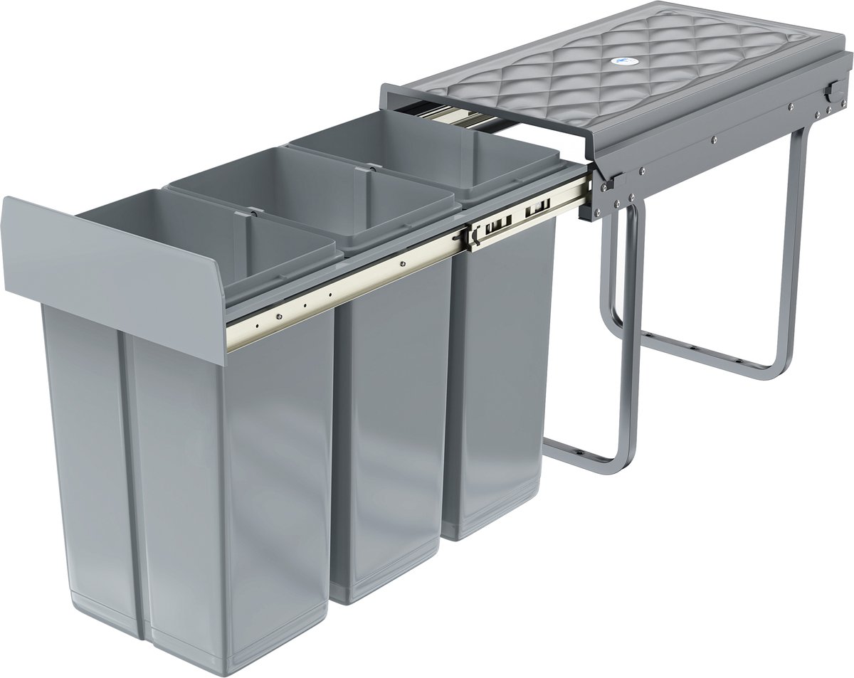 Aufun Inbouw Prullenbak Onder De Kast, Inbouw Prullenbak, Keuken Prullenbak, Uitschuifbare Afvalverzamelaar, Afvalscheidingssysteem Met Telescopische Rails, Grijs (3x10L)