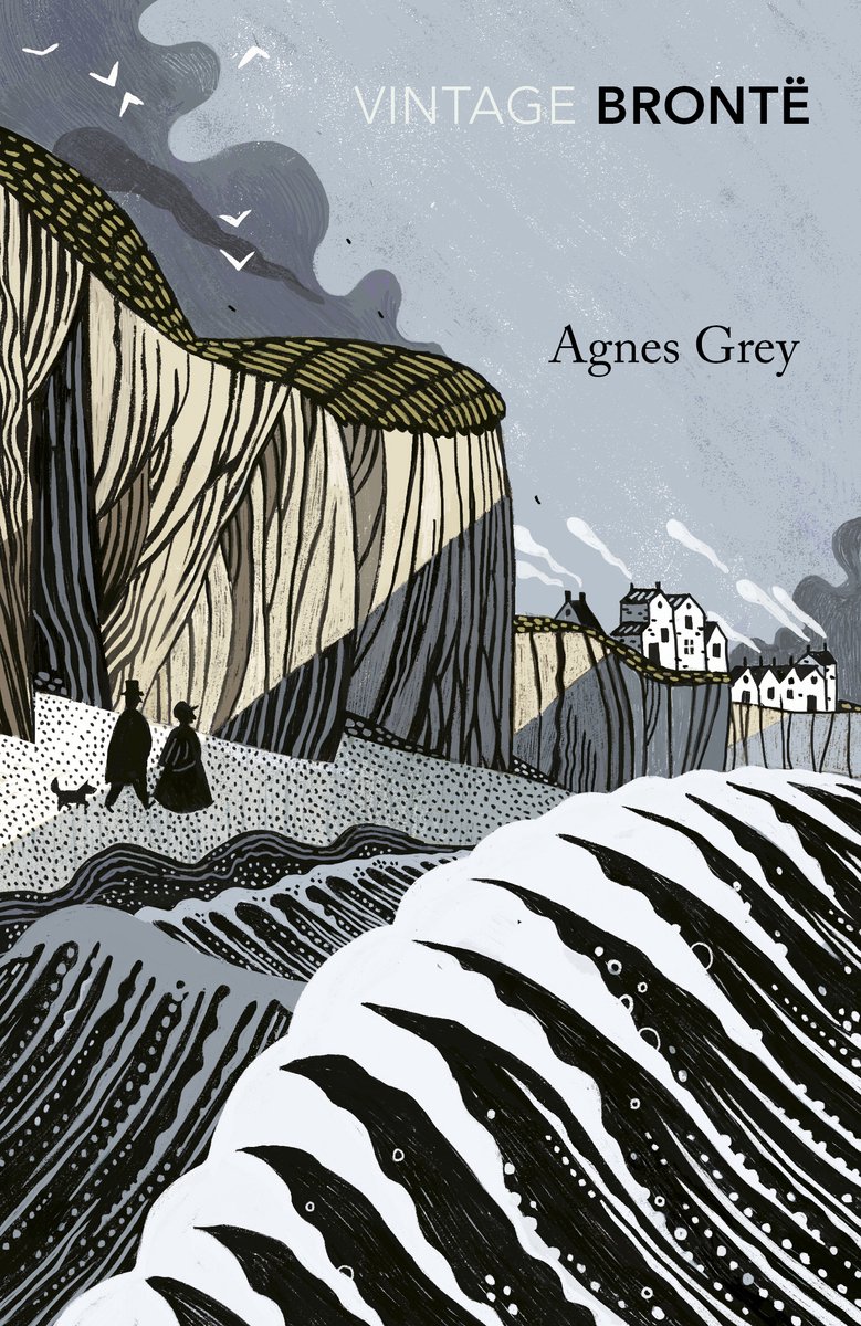 Boekomslag van Agnes Grey met illustratie van een rotsachtige kustlijn, twee figuren en huizen.