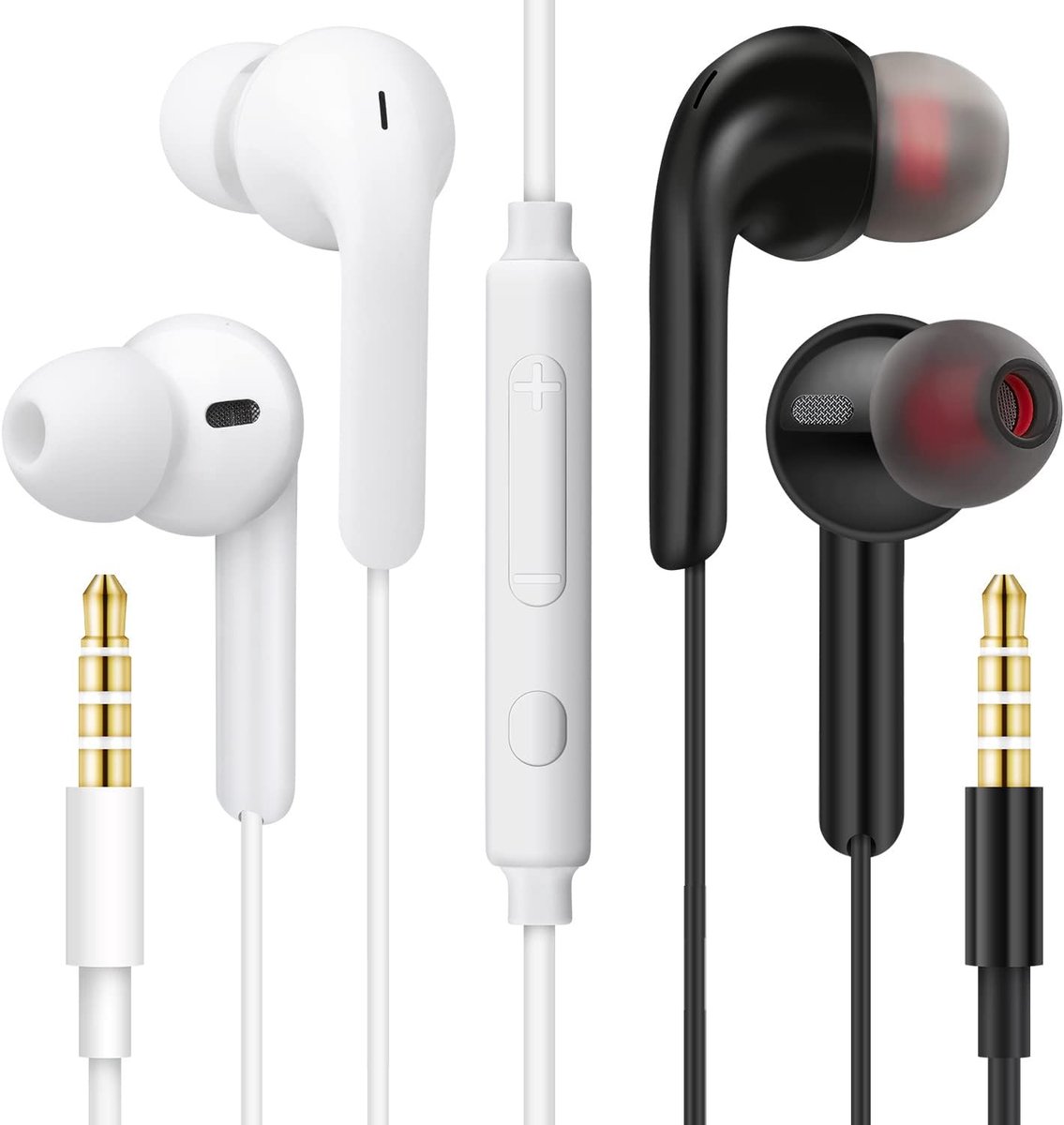 In-ear hoofdtelefoon met volumeregelaar en microfoon - 2 paar (zwart en wit) voor smartphone, laptop, MP3