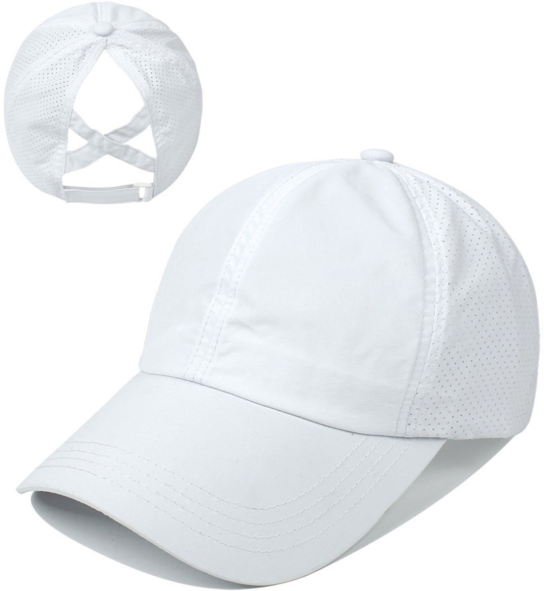 1 stuk Cross Hat Dames Baseball Cap Cross Paardenstaart Hoed Hoge Messy Bun Hoeden Verstelbare Snel Drogende Mesh Hoed - Wit