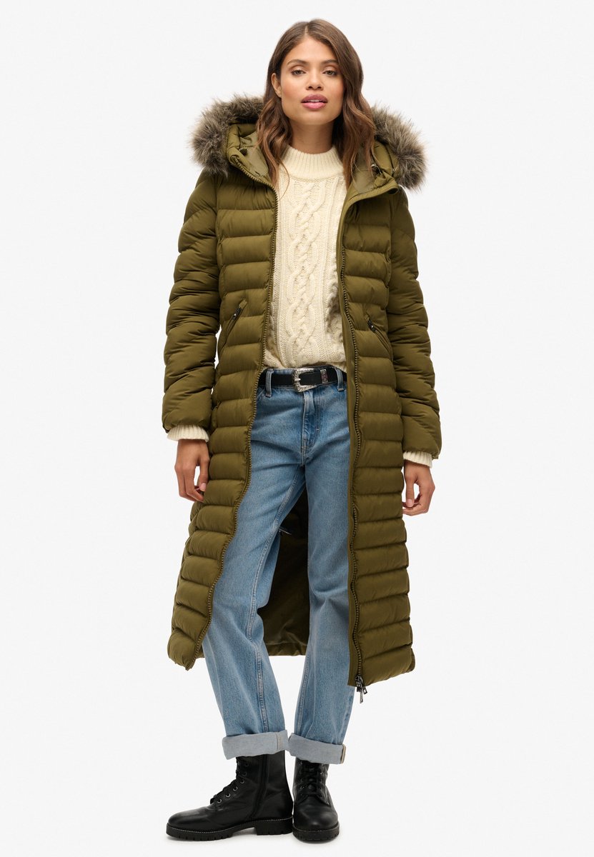 Superdry Lange Fuji-jas met capuchon van imitatiebont Dames Gewatteerde jassen Olijf