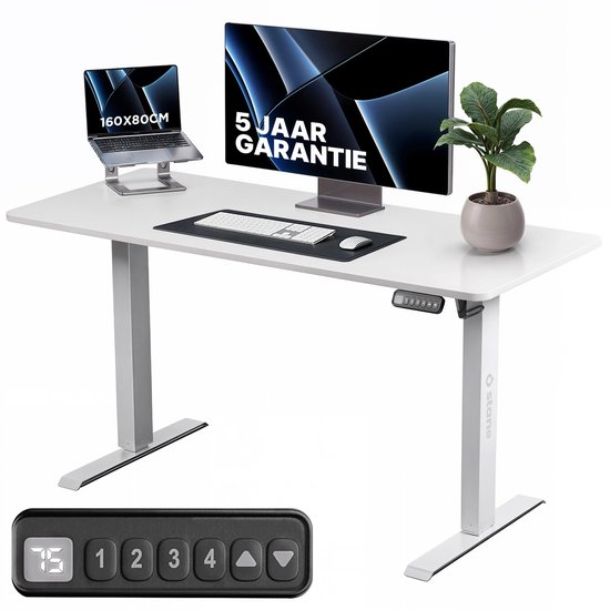 Stane Zit Sta Bureau Elektrisch Verstelbaar - 4 Geheugen Standen - Incl. Kabelgoot - 160 x 80 cm - 5 Jaar Garantie - Wit