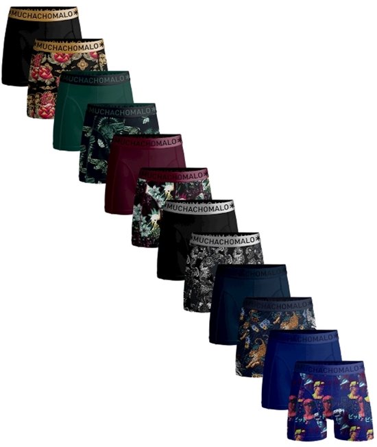 Veertien Muchachomalo boxershorts in diverse kleuren en patronen, waaronder zwart, groen, blauw, bloemen en dierenprints.